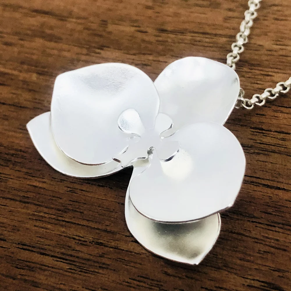 【North Works】SMILE & FLOWER DOUBLE PENDANT NECKLACE N-638 Hand Fabricated Silver Orchid Pendant (Smooth Version